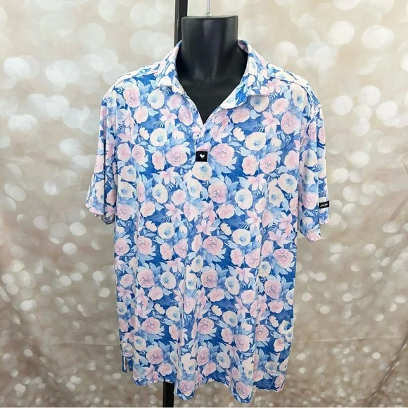 BAD BIRDIE Coachella Floral Print Blue Pink Golf Easter Men’s Size XL Polo Shirt - Picture 2 of 9